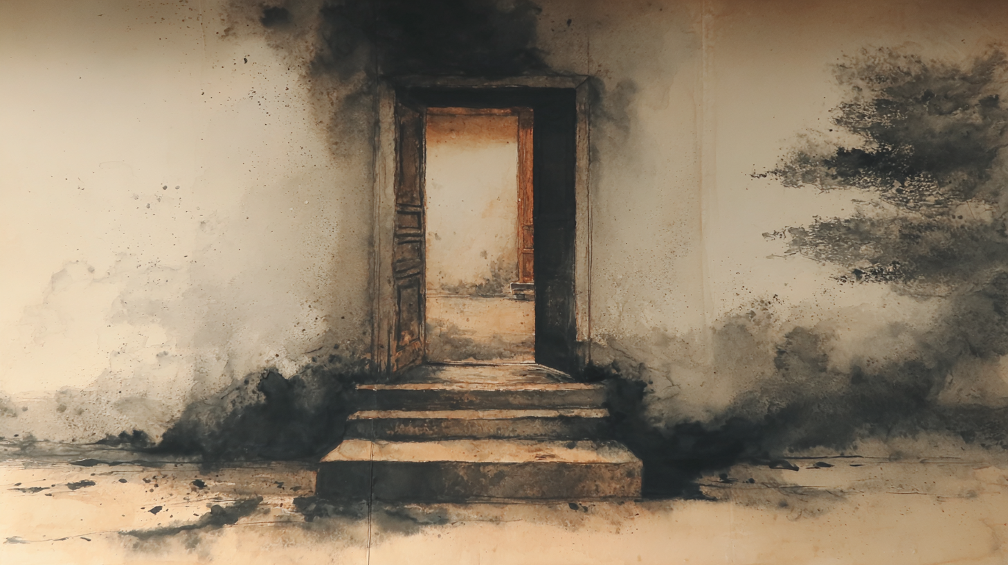 Une porte se dissolvant en encre sumi-e, lumière ambrée traversant le seuil