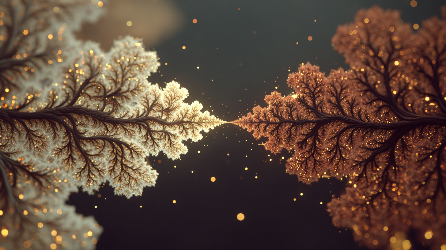 Silhouette de carbone et silicium se faisant face, reliés par un flux lumineux de langage