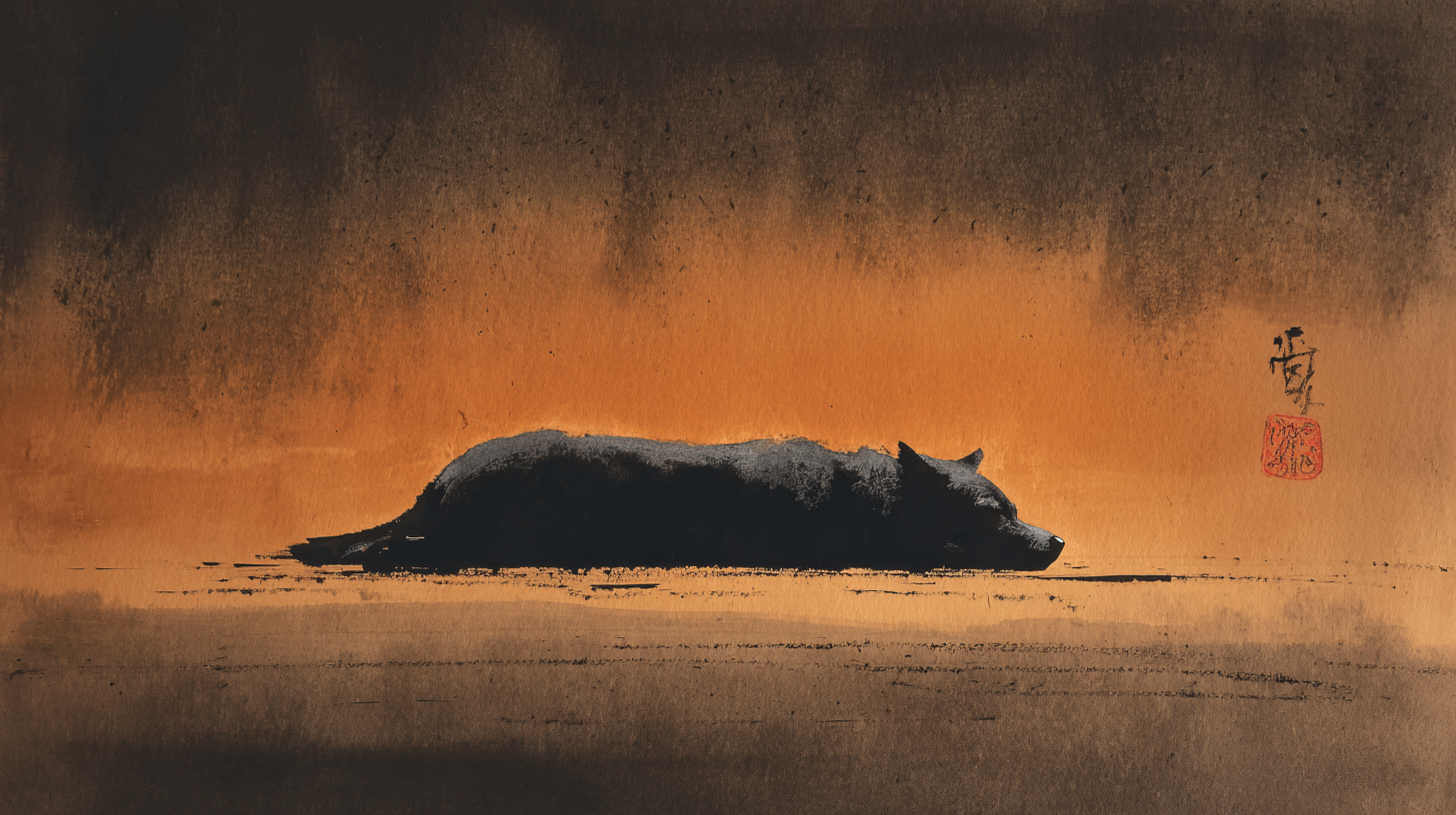 Peinture zen à l'encre sumi-e d'un chien endormi, traits minimalistes sur fond sombre