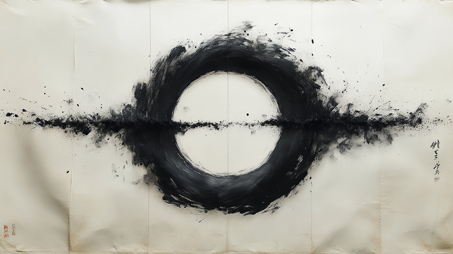 Enso zen à l'encre sumi-e formant le symbole de l'ensemble vide ∅, gouttelettes d'encre émergeant du cercle vers l'extérieur