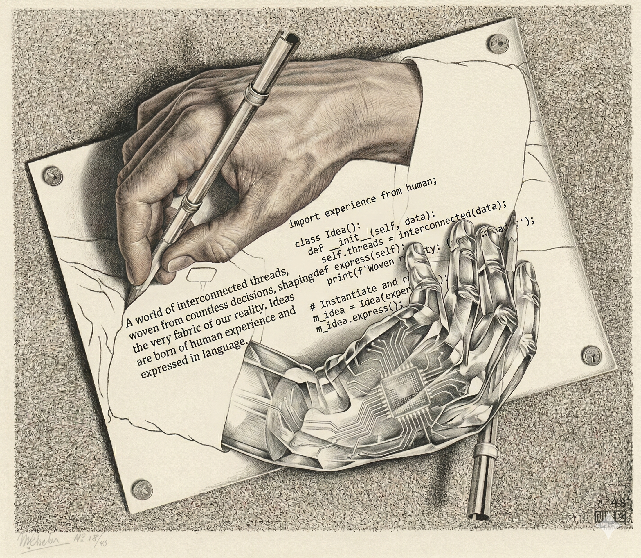 Deux mains se dessinant mutuellement — l'une organique tenant un stylo, l'autre cristalline en silicium, dans le style des Mains Dessinantes d'Escher. Le langage naturel se transforme en code là où les feuilles se chevauchent.